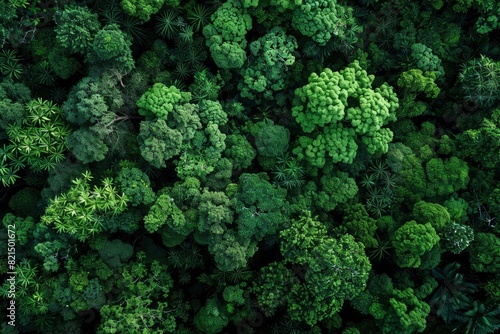 Aerial view of nature green forest and tree. Forest ecosystem, texture of green forest from above.Nature conservation concept.Natural scenery tropical green forest - generative ai