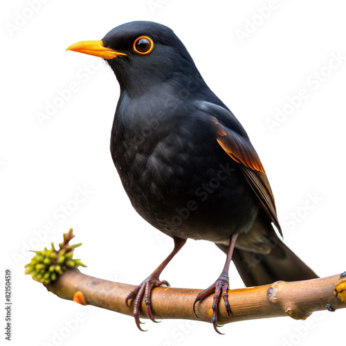 A black bird with orange beak and yellow eyes is perched on a branch