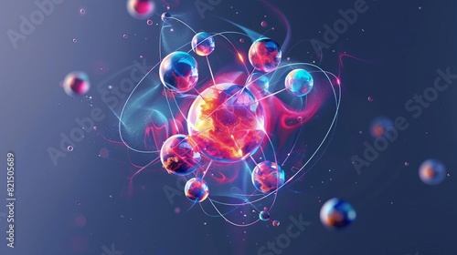 A detailed diagram showing the structure of an atom with labeled subatomic particles,