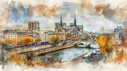Watercolor painting of Paris with Notre-Dame Cathedral, bridges, and autumn foliage along the Seine River.