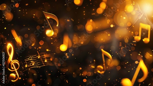 Gold music notes on dark background with bokeh lights.
