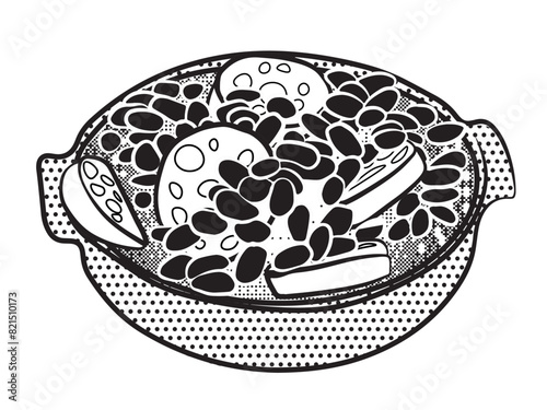 Black and white feijoada in the stone pan. bean stew with pepperoni sausage. Vector illustration isolated on white background.