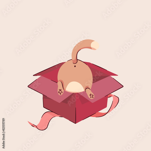 Rudy kot bawiący się w kartonowym pudełku. Koci zadek wystający z kartonu. Ilustracja wektorowa.