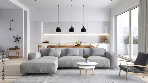 Modern contemporary nordic living room interior with dinning area and minimal kitchen 