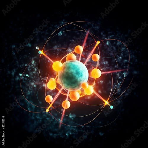 Abstract representation of an atom with electrons orbiting around the nucleus on a dark background.
