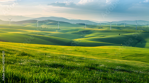 A field of grass with wind turbines in the background
