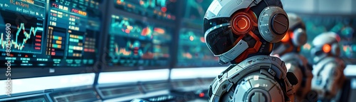 Robots at trading desks, multiple screens, stock market data, futuristic tech setting