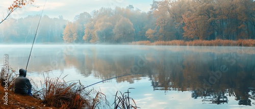 A serene morning by the lake with a solitary fisherman, misty forest, and reflective water creating a peaceful scene.