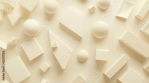 3d render of white geometric background with different shapes and textures, light beige color, low poly style,