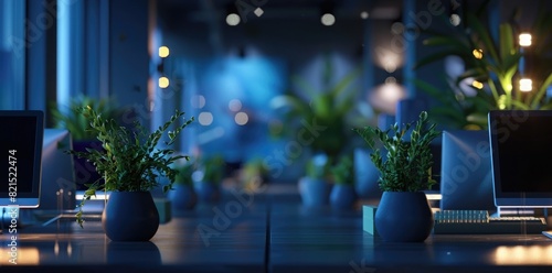 3D rendering of an office with desks and computers at night time, blurred background, dark blue lighting, plants in pots on the desks, bokeh lights, greenery, long