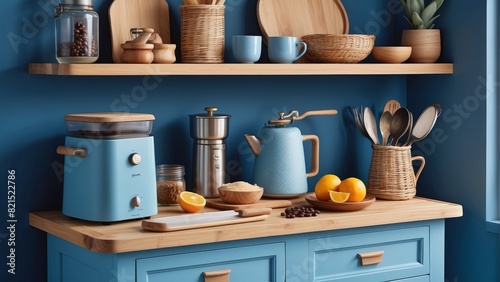 blue kitchen space with rattan commode, ladder, cutting board, baking, and kitchen accessories