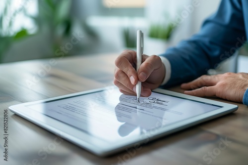 A man is writing on a tablet with a pen generated by AI