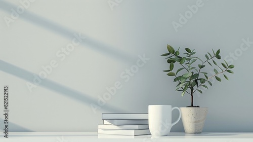 3D rendering of books and a coffee cup on a white table with copy space for text, a plant in a pot near the wall. Home interior design concept banner mockup