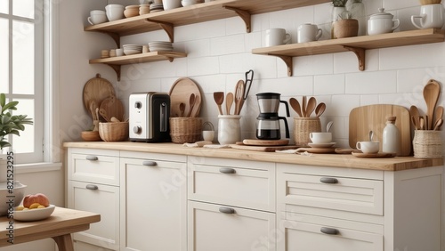Cream kitchen space with rattan commode, ladder, cutting board, baking, and kitchen accessories