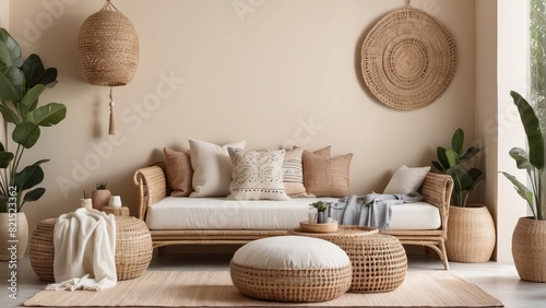 ethno style living room with rattan furniture, daybed, pouf, hanging decoration on the Light Fawn wall