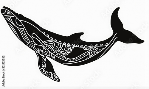 Black silhouette whale with graphic pattern. Marine-themed tattoo design. Print for clothes. stylized shape silhouette keith logo. Marine animals, the underwater world. World ocean day.