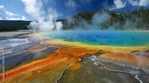 A geyser basin with colorful hot springs and fumaroles in the background,