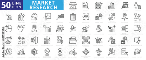 Market Research icon set with customer survey, data, analysis, consumer, product trend, segment, target and demographic