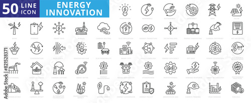 Energy innovation icon set with renewable, sustainable, efficiency, power grid, solar, wind, biothermal and biomass