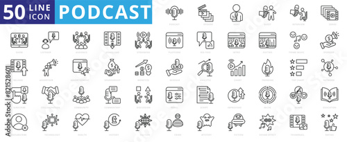 Podcast icon set with episode, host, guest, interview, series, talk show, release, subscribe, unsubscribe and listener.