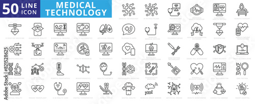Medical Technology icon set with ai in healthcare, telemedicine, wearable monitor, electronic record and robotic surgery.