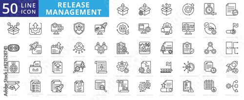Release Management icon set with deployment, version, update, rollback, changelog, testing, devops and continuous integrity.