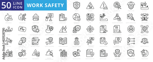 Work Safety icon set with hazard, risk, prevention, protection, accident, emergency, injury, first aid, evacuation and fire.