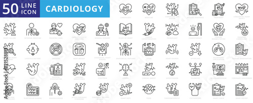 Cardiology icon set with medicine, cardiovascular system, diagnosis, treatment, congenital defect and heart failure.