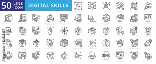 Digital skills icon set with creativity, media, literacy, finding information, browsing, filtering data, evaluating and content.