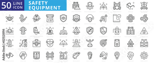 Safety equipment icon set with management, helmet, harness, goggles, full face respirator and surgical mask.
