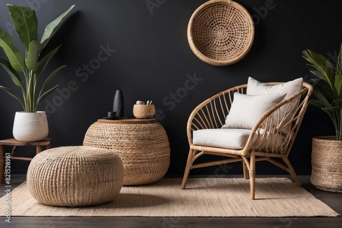 ethno style living room with rattan armchair, pouf, elegant personal accessories, Ebony wall