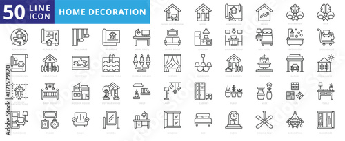 Home decoration icon set with design, trend, idea, renovation, interior, architecture, furnished, and floor plan.