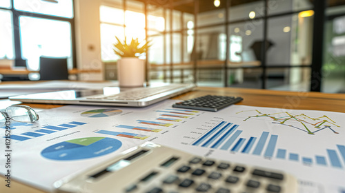 business financial statement with a calculator on the table in modern office, business finance audit concept photo