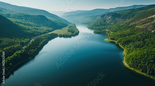 Beautiful lake surrounded by trees and mountains. The water is calm and clear.
