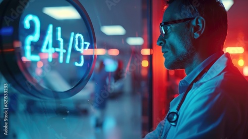 close up doctor with stethoscope in hospital room and icon of clock showing "24/7" on blurred background, professional color grading , soft shadows, no contrast, clean sharp focus digital photography