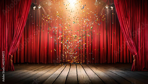 レッドカーテン。光り輝くステージに照らされたスポットライト。red curtains. A spotlight illuminated by a shining stage.