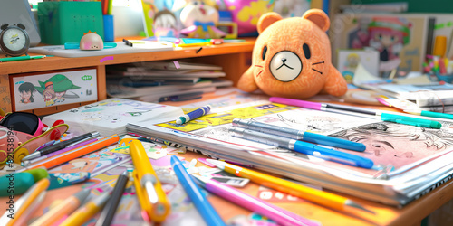 Anime Inspired Desk: A Tidy and Meticulously Arranged Workspace Showcasing Favorite Manga, Stationery, and a Whimsical Touch of Character Affinity