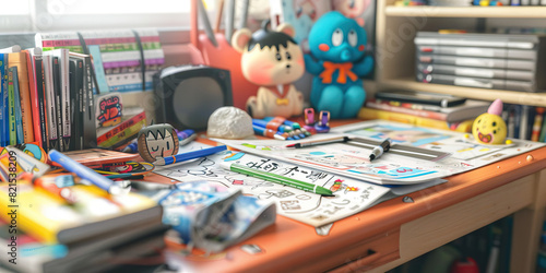 Anime Inspired Desk: A Tidy and Meticulously Arranged Workspace Showcasing Favorite Manga, Stationery, and a Whimsical Touch of Character Affinity