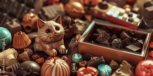 The Fractal Garden of Distractions: A chaotic arrangement of knick-knacks, a paperweight shaped like a cat, and a half-empty box of chocolates