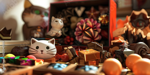 Perplexing Patterns and Curious Collections: A Whimsical Display of Trinkets, a Cat-Shaped Paperweight, and a Half-Full Box of Chocolates