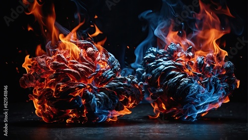 Abstract fire background with flames elements of different colors on a black background.