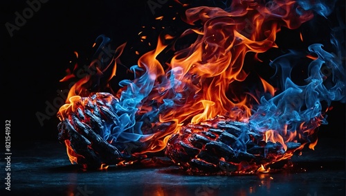 Abstract fire background with flames elements of different colors on a black background.