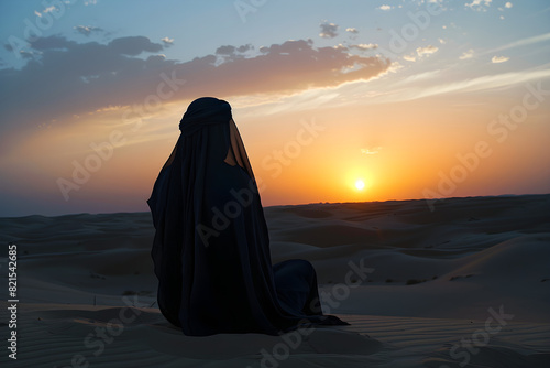Arabian woman in traditional clothing standing in the desert at sunset, representing travel and independence.
