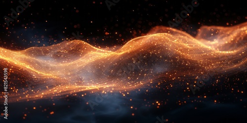 A line of golden glitter dust forms an elegant curve against a dark background, the glowing particles creating a trail.