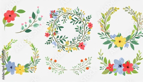 Set of floral watercolor logo elements. Wreath borders dividers, frame corners and minimalist flowers branch. Hand drawn line wedding herb, elegant leaves for invitation save the date card. Botanical.