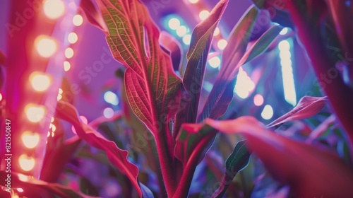 Vibrant close-up of plant leaves illuminated by colorful LED grow lights in a hydroponic indoor garden setting.