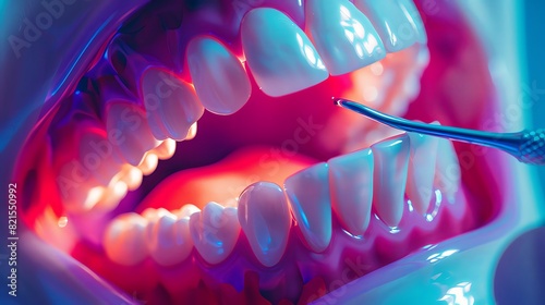 Dentalations and dental implants on the human jaw, with a dentist's hand holding carving tools for teeth, in the style of a cinematic, hyper realistic, super detailed, vibrant colors, in the style of