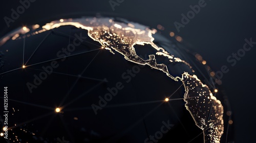 interconnected world globe showing north america, dark blue background