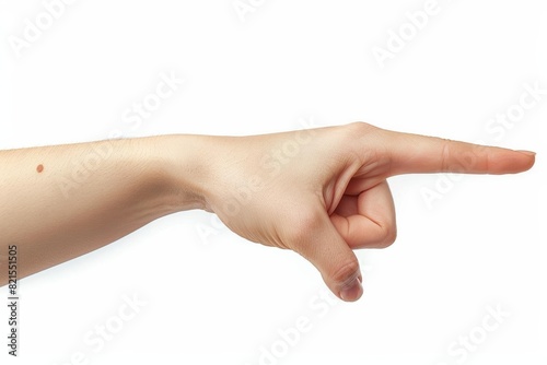 Female hand pointing, isolated on white background Ideal for instructional materials or directional content Highresolution, clear and detailed image with space for text
