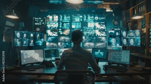 A person monitors multiple screens in a high-tech surveillance control room filled with data and images.